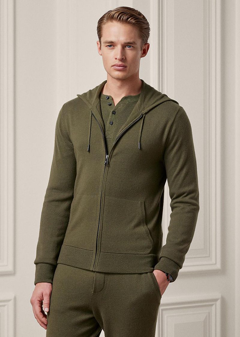 Sweater Purple Label Męska Oliwkowe Wool-Cashmere Z Kapturem Full-Zip Jumper 789532-AWI